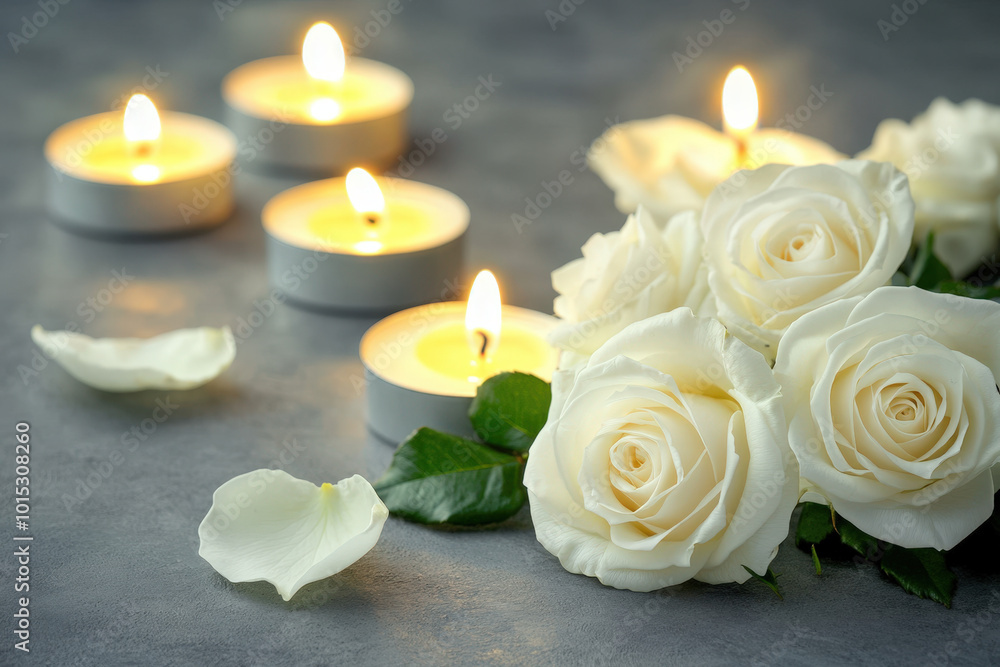White roses and lighted candles on a gray background conveying condolences and sympathy White roses and lighted candles on a gray background conveying condolences and sympathy