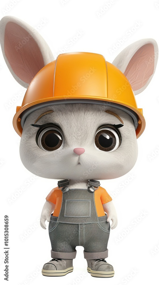 Cute 3D worker rabbit with a helmet and overalls on a white background