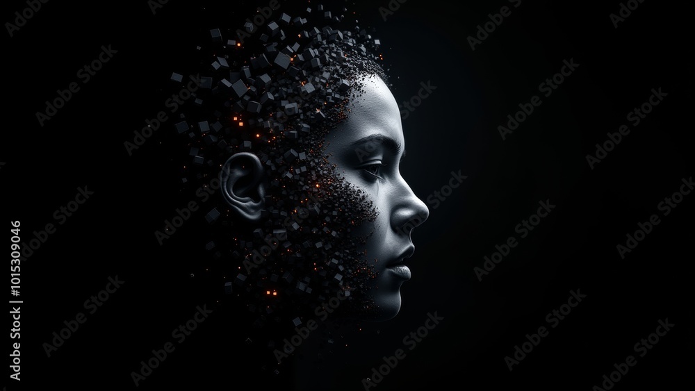 Digital Woman's Profile with Abstract Cubes and Glowing Particles on Dark Background
Digital Woman's Profile with Abstract Cubes and Glowing Particles on Dark Background