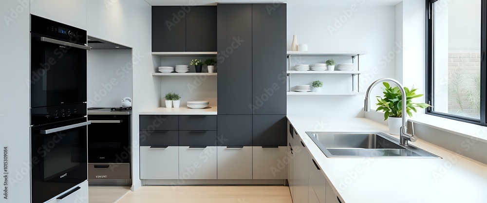 Modern Minimalist Kitchen with Stainless Steel Sink & Greenery Modern Minimalist Kitchen with Stainless Steel Sink & Greenery