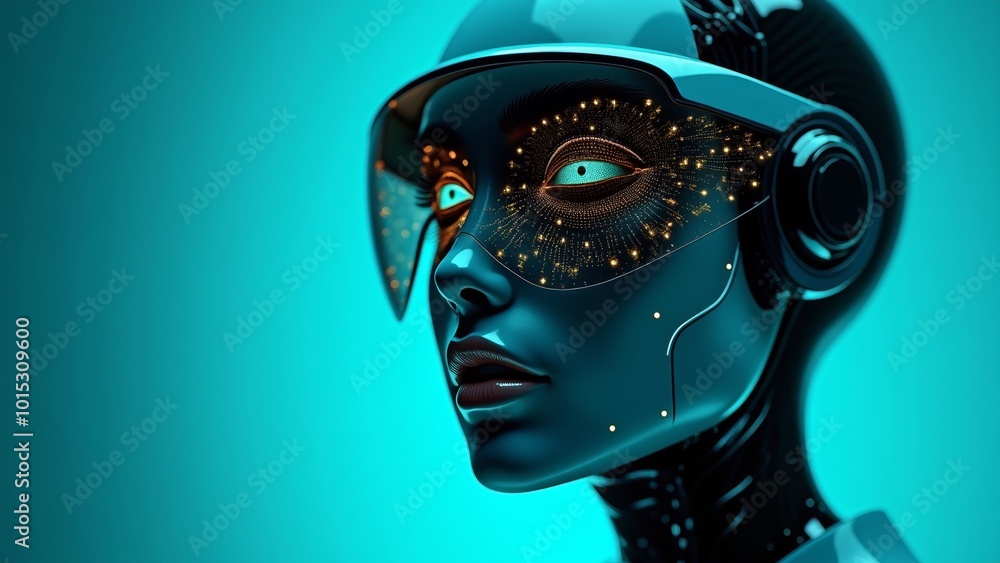 Futuristic Female Android with Digital Face and Illuminated Circuitry on Turquoise Background Futuristic Female Android with Digital Face and Illuminated Circuitry on Turquoise Background