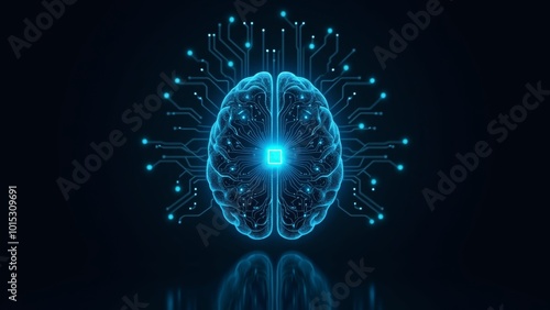 Futuristic Digital Brain with Circuitry and Glowing Core on Dark Background