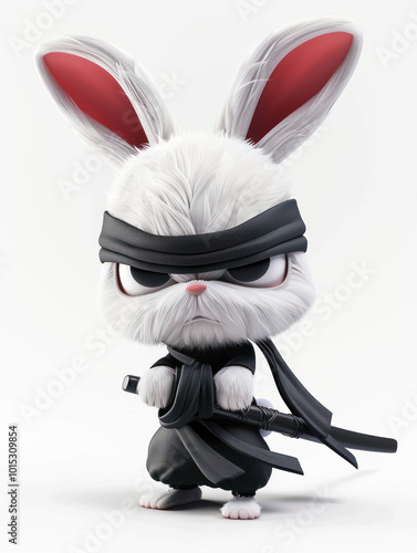 3D cartoon ninja rabbit with sword on white background photo