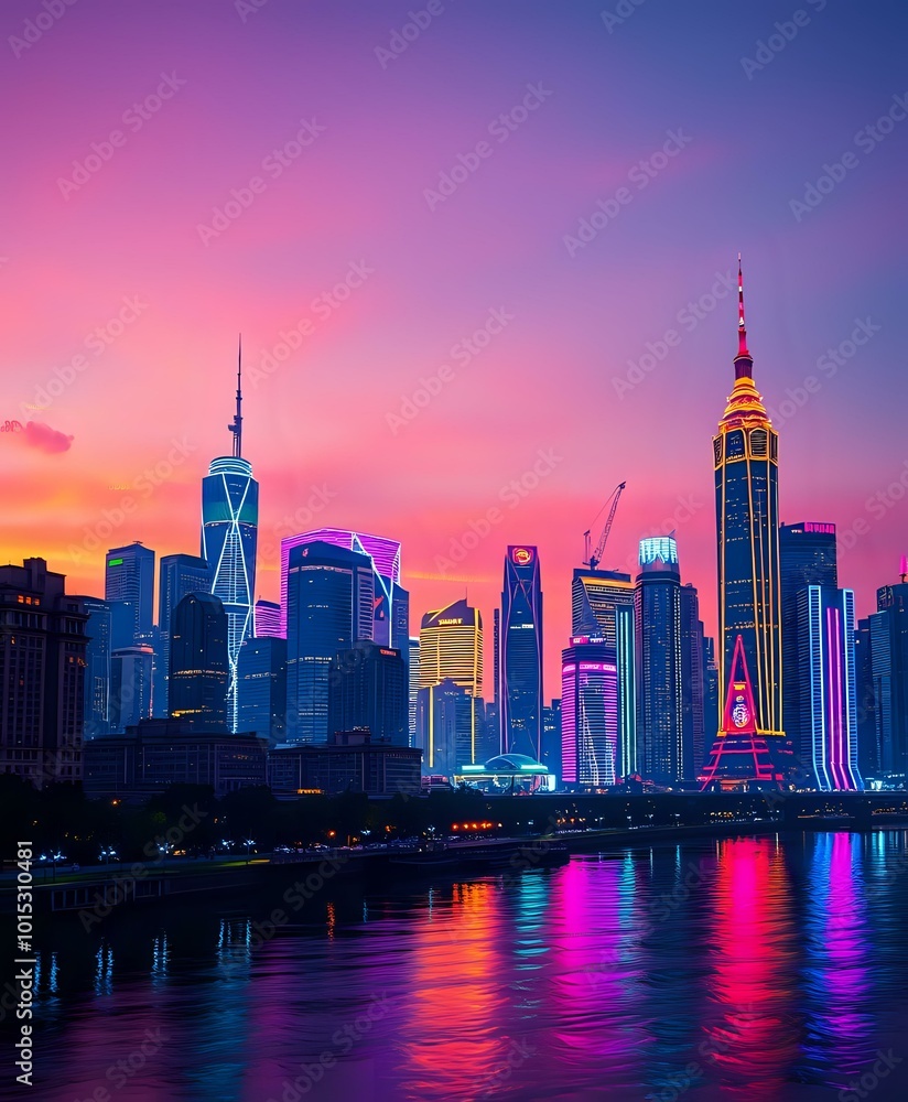 Fototapeta premium Sunset over Shanghai Skyline, Oriental Pearl Tower at Night