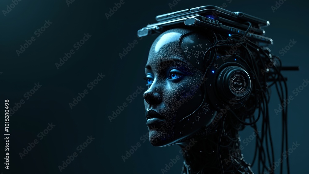 Futuristic Cyborg with Advanced Neural Interface and Digital Blue Glow in Dark Setting
Futuristic Cyborg with Advanced Neural Interface and Digital Blue Glow in Dark Setting