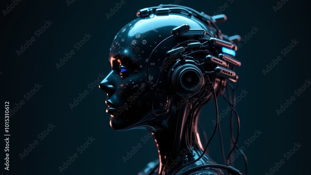 High-Tech Female Android with Neural Interface and Cybernetic Headgear in Futuristic Setting
High-Tech Female Android with Neural Interface and Cybernetic Headgear in Futuristic Setting