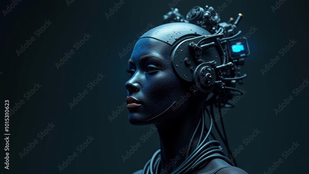 High-Tech Female Android with Neural Interface and Cybernetic Headgear in Futuristic Setting
High-Tech Female Android with Neural Interface and Cybernetic Headgear in Futuristic Setting