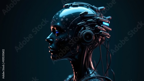 High-Tech Female Android with Neural Interface and Cybernetic Headgear in Futuristic Setting 