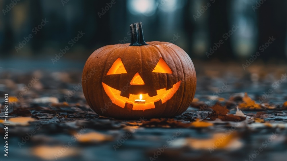 A glowing jack-o'-lantern with a carved grin sits on a path in a forest, surrounded by fallen leaves. A glowing jack-o'-lantern with a carved grin sits on a path in a forest, surrounded by fallen leaves.