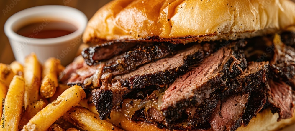 Traditional Roast Beef Sandwich with Horseradish and Au Jus Served with Crispy Fries Traditional Roast Beef Sandwich with Horseradish and Au Jus Served with Crispy Fries