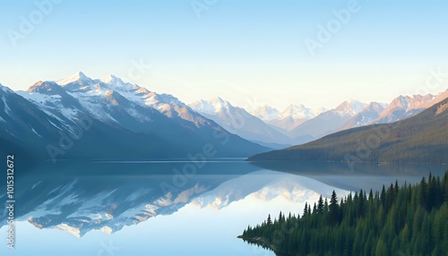 Majestic Mountain Range Reflection in Tranquil Lake at Sunset