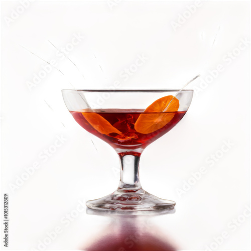 Refreshing cocktail splash in a glass with orange slices against a white back...