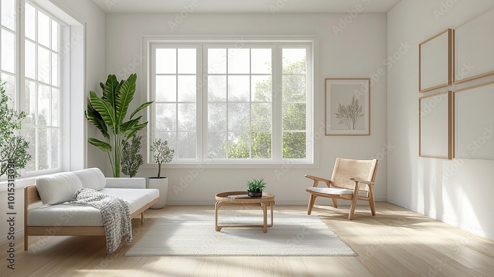 Fototapeta premium Scandinavian living room, light wood floors, white walls, minimalist design, large windows with natural light, simple decor, cozy wool blankets, indoor plants, wooden furniture, clean lines