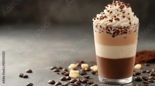 Frappe Layer Close-Up, showing the different layers in a frappe: coffee, milk, ice, and whipped cream, with copy space, National Frappe Day