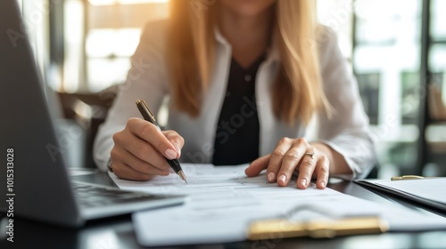 Busy mature mid aged business woman professional in her 40s writing notes finance report overview, lawyer checking document, working on laptop computer device sitting at desk in office. Generative AI