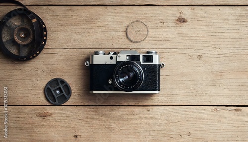 Vintage Camera Capturing Old Film Reel on Wooden Table