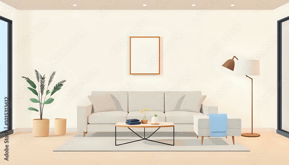 Fototapeta premium Modern Cozy Living Room with White Sofa, Plants & Vase - 16:9 Aspect Ratio