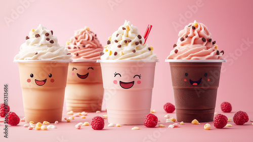 Frappe Fun, a playful design of frappes with cartoon elements like smiling whipped cream, with copy space, National Frappe Day photo