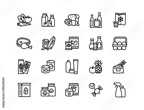 Groceries Icon Set: Fresh Produce, Dairy, Snacks, Meats, Condiments, Beverages, Baby Food, Household Items – Vector Icons for E-commerce, Food Delivery & Grocery Apps