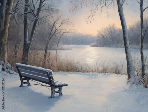 Winter Solitude: A Snow-Covered Park Bench Overlooking a Frozen Lake