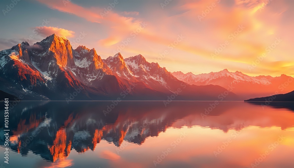Breathtaking Mountain Range Sunset at Lake with Warm Golden Light Reflections Breathtaking Mountain Range Sunset at Lake with Warm Golden Light Reflections