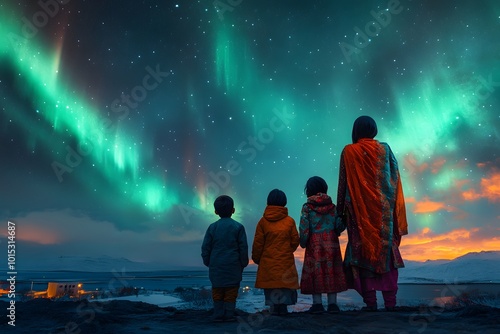 On vaction a Indian family witnessing Northern Lights in Reykjavik