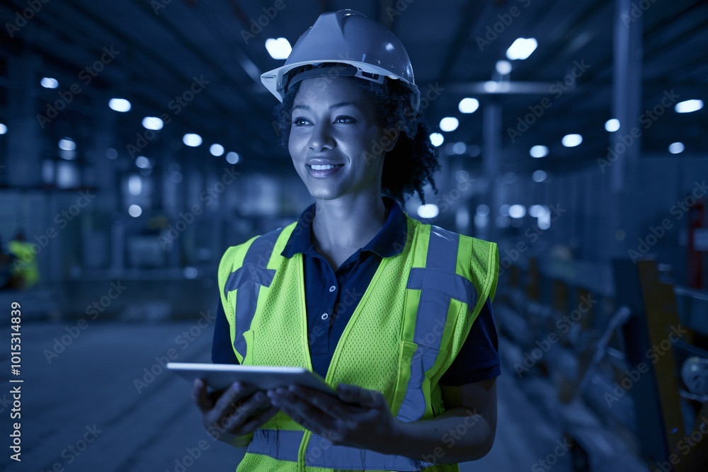 A photo of a confident, smiling woman in a construction work environment. A photo of a confident, smiling woman in a construction work environment.
