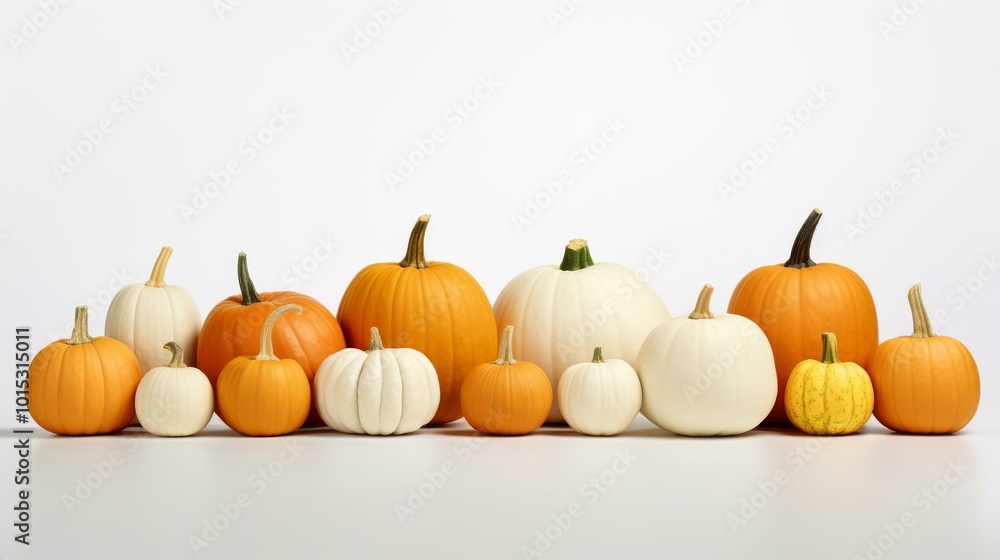 orange and white pumpkins form an arrangement on a white surface orange and white pumpkins form an arrangement on a white surface