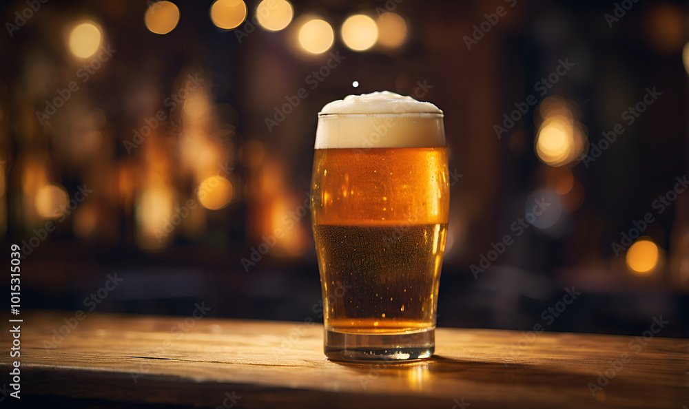Beer with thick foam on a wooden table in warm light Beer with thick foam on a wooden table in warm light
