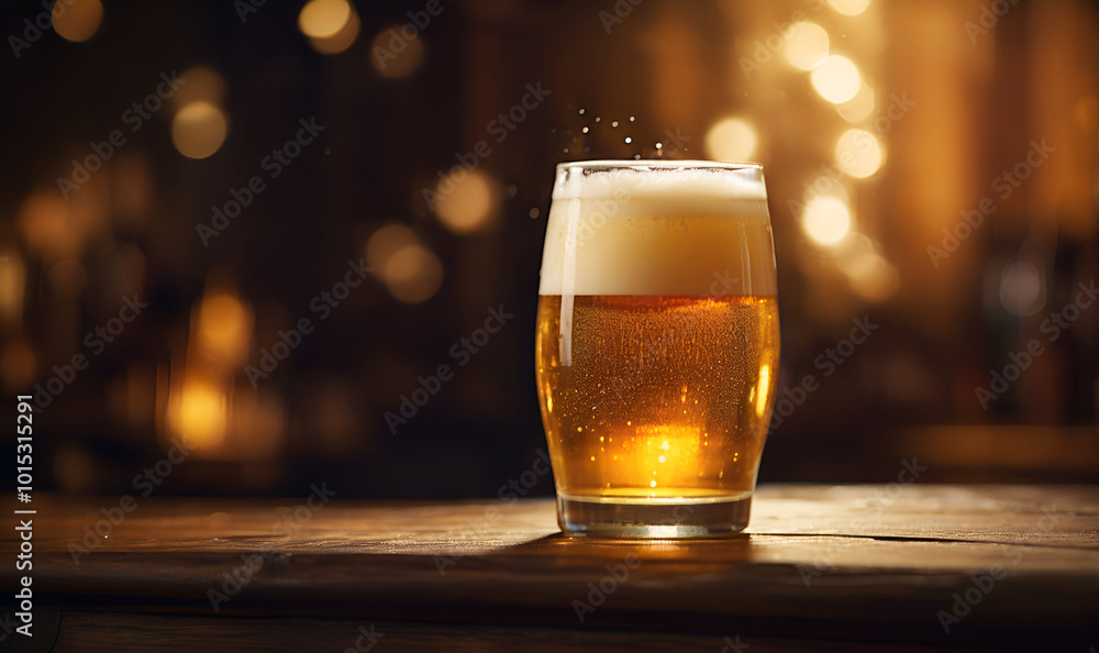 Beer with thick foam on a wooden table in warm light Beer with thick foam on a wooden table in warm light