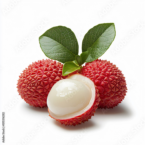 Fresh ripe lychee fruit with smooth white flesh and vibrant red skin, garnished with green leaves, evokes sense of tropical delight and sweetness