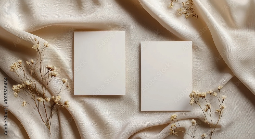 Blank business card mockup on soft fabric with dried flowers for elegant branding or stationery design Blank business card mockup on soft fabric with dried flowers for elegant branding or stationery design