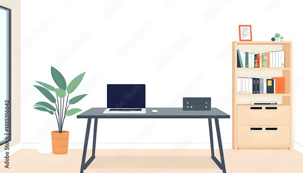 Fototapeta premium Productive Home Office Workspace with Laptop and Bookshelf - Cozy Study Room Decor