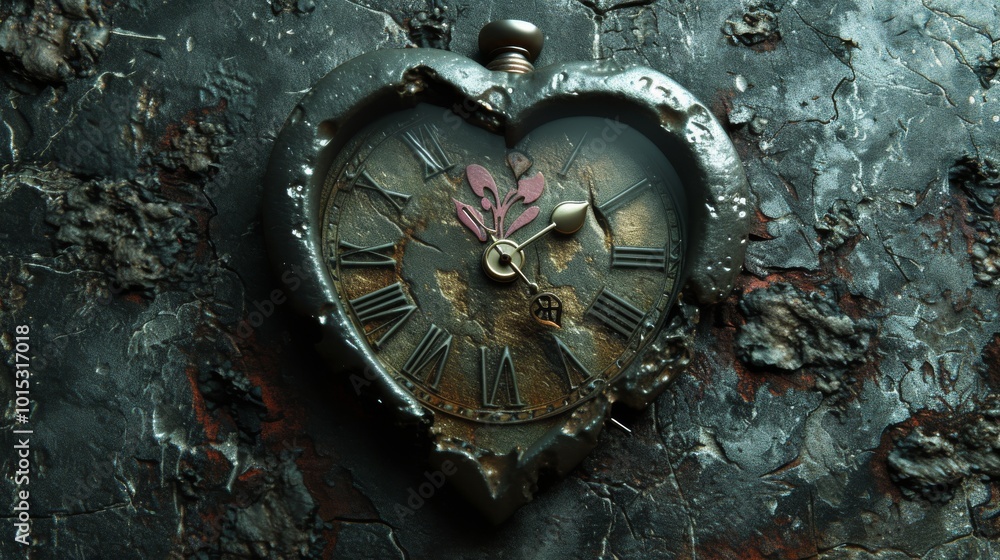 A weathered, heart-shaped clock with rust marks is seen against a rough, distressed metal surface. The image evokes themes of time, decay, and forgotten memories, enhanced by the clock's worn-out look A weathered, heart-shaped clock with rust marks is seen against a rough, distressed metal surface. The image evokes themes of time, decay, and forgotten memories, enhanced by the clock's worn-out look