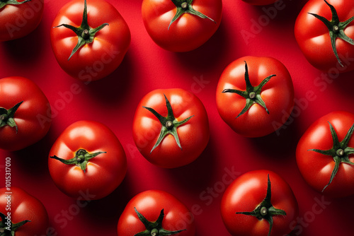 Red juicy tomatoes on a red background