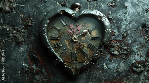 A weathered, heart-shaped clock with rust marks is seen against a rough, distressed metal surface. The image evokes themes of time, decay, and forgotten memories, enhanced by the clock's worn-out look