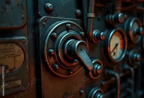 Vintage Train Control Panel Close-Up with Dials and Gauges