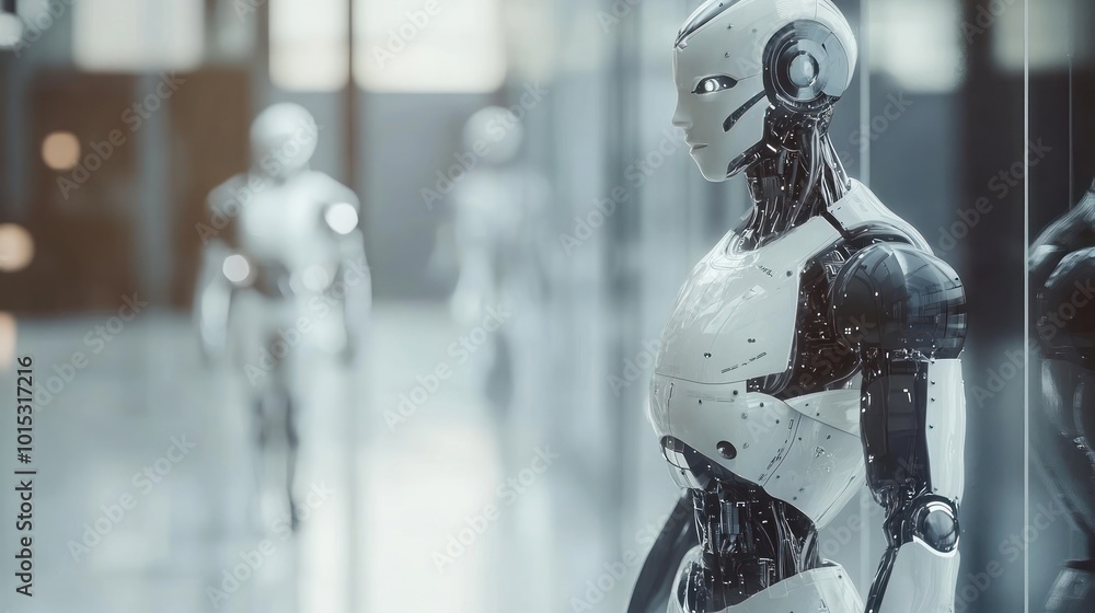 A humanoid robot stands in front of a glass wall with other robots in the background, representing the future of artificial intelligence and automation. A humanoid robot stands in front of a glass wall with other robots in the background, representing the future of artificial intelligence and automation.