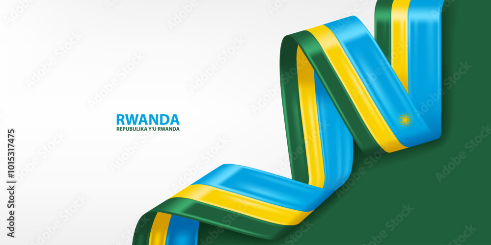 Rwanda 3D ribbon flag. Bent waving 3D flag in colors of the Rwanda national flag. National flag background design. Rwanda 3D ribbon flag. Bent waving 3D flag in colors of the Rwanda national flag. National flag background design.