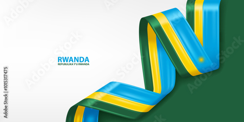 Rwanda 3D ribbon flag. Bent waving 3D flag in colors of the Rwanda national flag. National flag background design.
