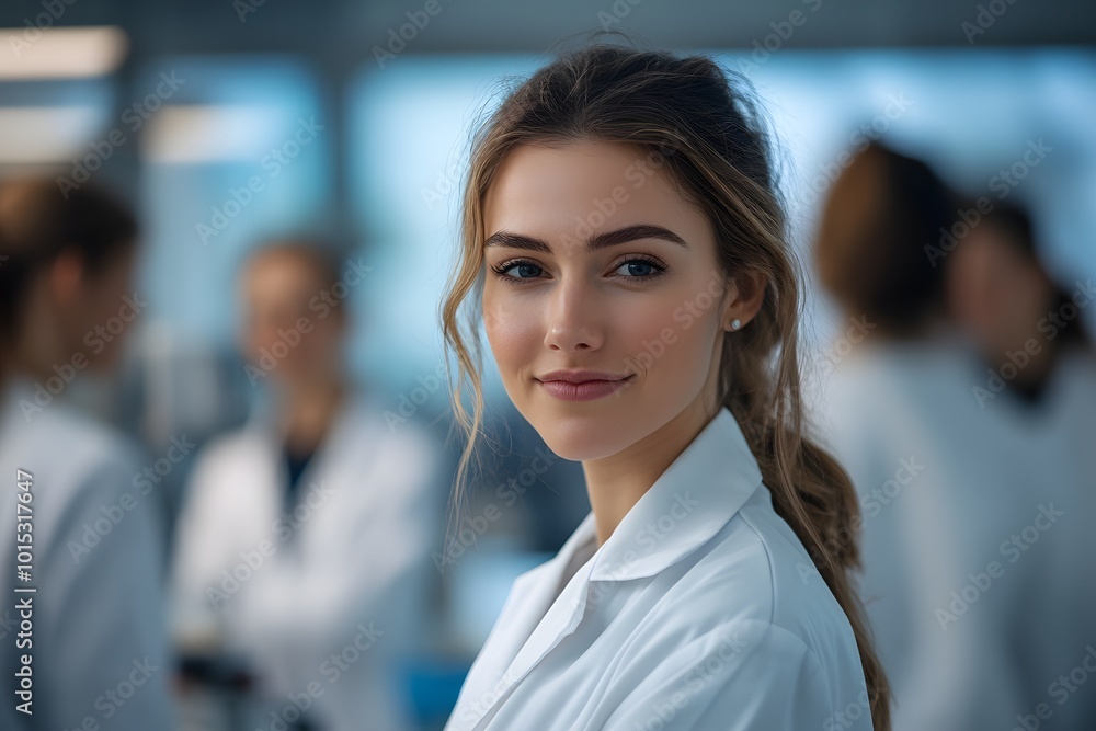 Female scientist in a white coat in a laboratory with colleagues in the background Female scientist in a white coat in a laboratory with colleagues in the background