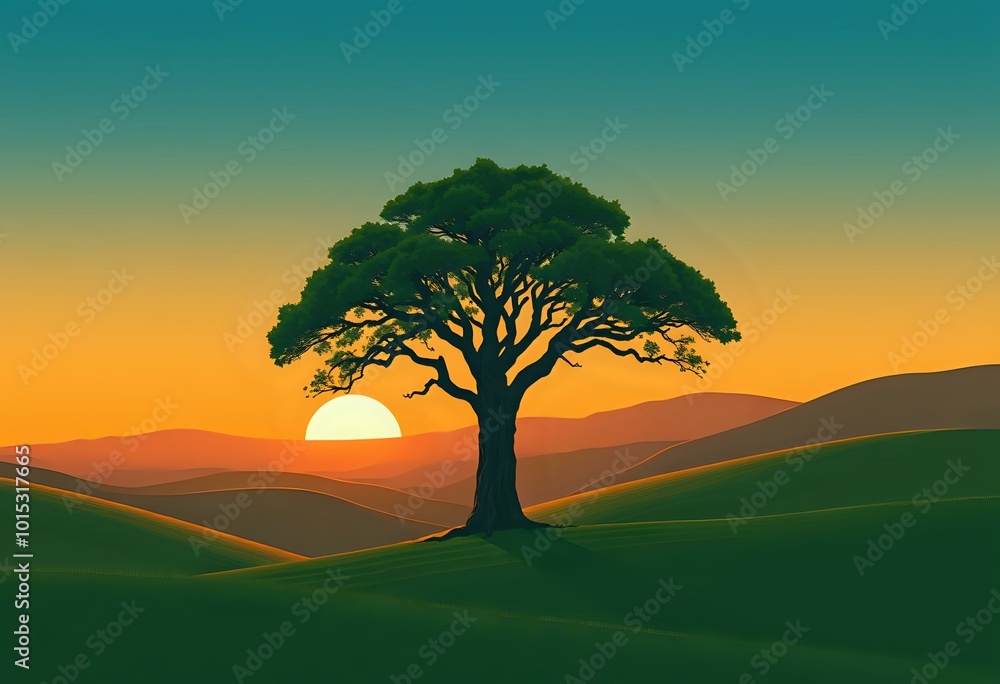Fototapeta premium Serene Sunset Solo: Tranquil Tree Standing Tall Against Vibrant Skies