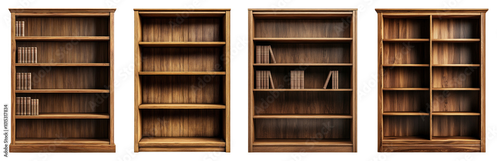 Tall wooden bookshelf with multiple shelves, centered on a transparent background. Tall wooden bookshelf with multiple shelves, centered on a transparent background.