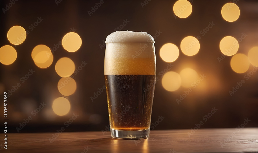 Amber beer on a bar stool with soft, warm lighting. Amber beer on a bar stool with soft, warm lighting.