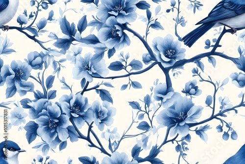 Vintage blue and white seamless pattern with birds and floral designs, perfect for elegant textiles and wallpapers 