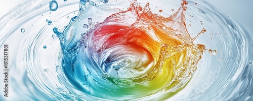 Dynamic colorful splash forming a circular wave shape representing energy and freshness, suitable for a washing machine brand logo photo