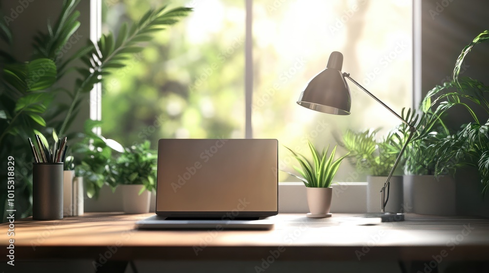 desk with laptop, lamp and plants near a window desk with laptop, lamp and plants near a window