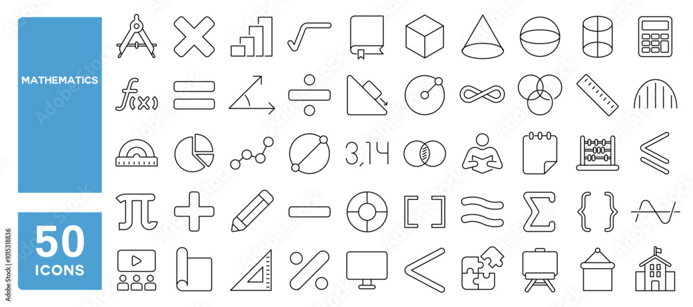 Set of 50 line icons related to mathematics, math, angle, equations, radius, chart, geometry, calculator, sphere, algebra, function, Editable stroke. Vector illustration Set of 50 line icons related to mathematics, math, angle, equations, radius, chart, geometry, calculator, sphere, algebra, function, Editable stroke. Vector illustration