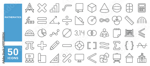 Set of 50 line icons related to mathematics, math, angle, equations, radius, chart, geometry, calculator, sphere, algebra, function, Editable stroke. Vector illustration