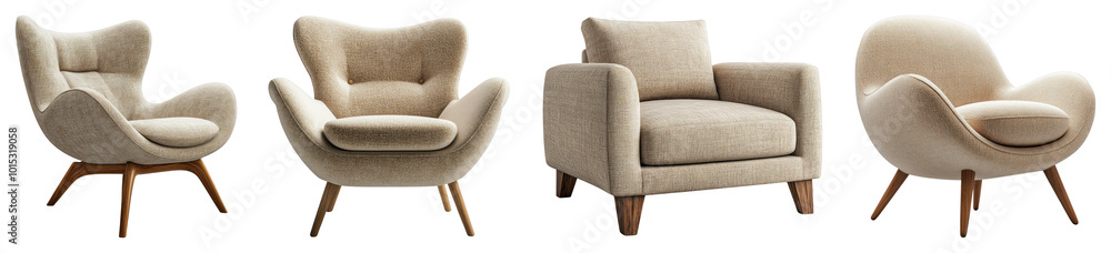 Fototapeta premium Cozy fabric armchair with wooden legs, centered on a transparent background.